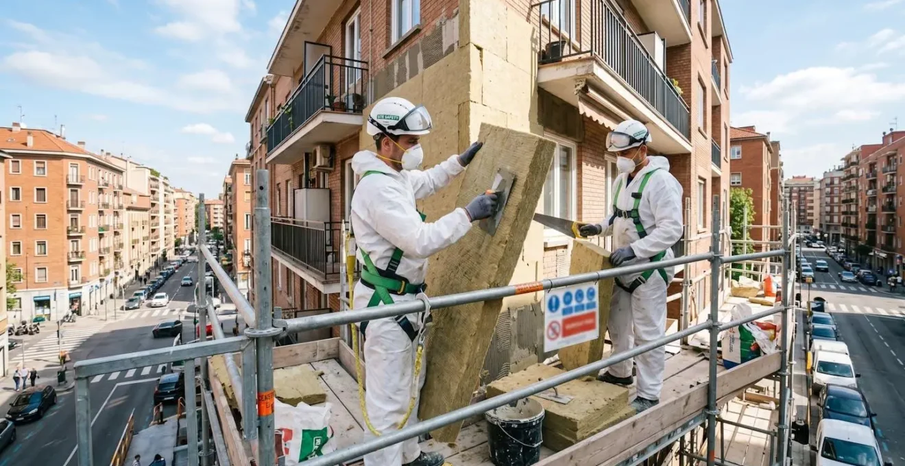 Artisans en train de réaliser des travaux d'isolation thermique sur la façade d'un immeuble