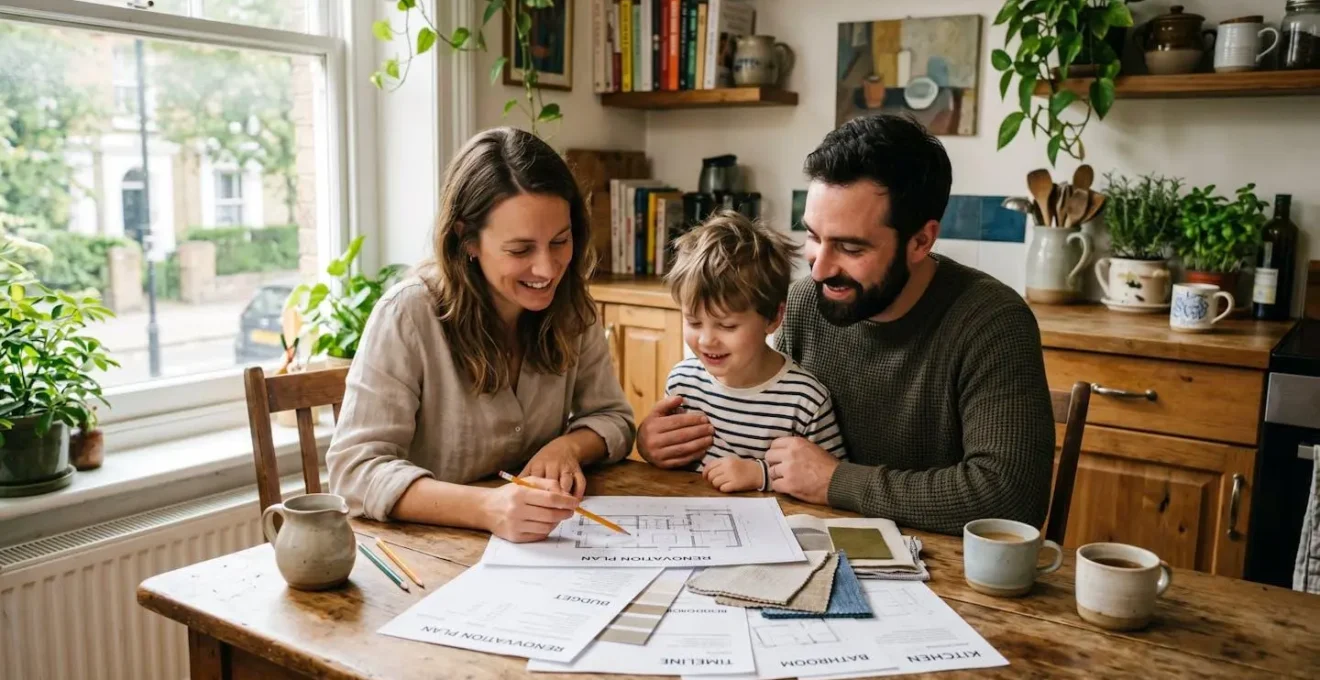 Famille discutant d'un projet de rénovation énergétique autour d'une table dans un appartement
