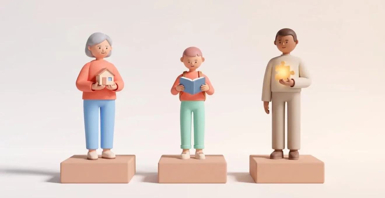 Illustration 3D de trois personnages stylisés (senior, jeune, adulte) tenant respectivement une maison, un livre et une pièce de puzzle, sur des podiums égaux.