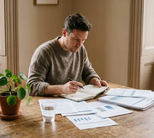 Personne concentrée qui compare des documents bancaires sur une table claire, avec une plante verte en arrière-plan symbolisant l'engagement environnemental