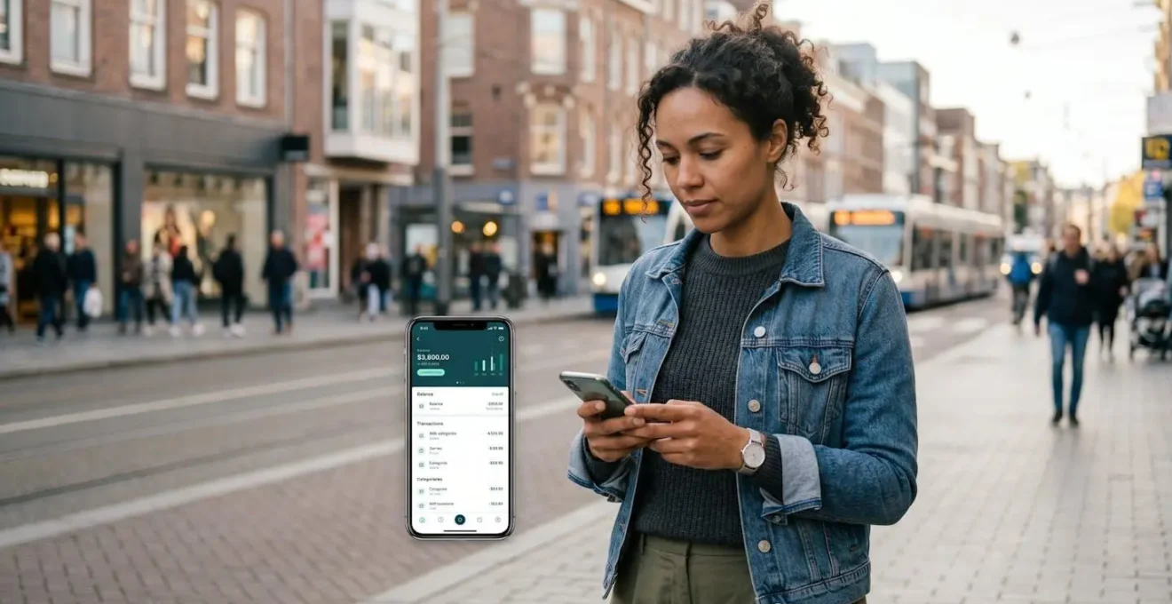 Personne consultant une application d'épargne sur smartphone dans un cadre urbain lumineux