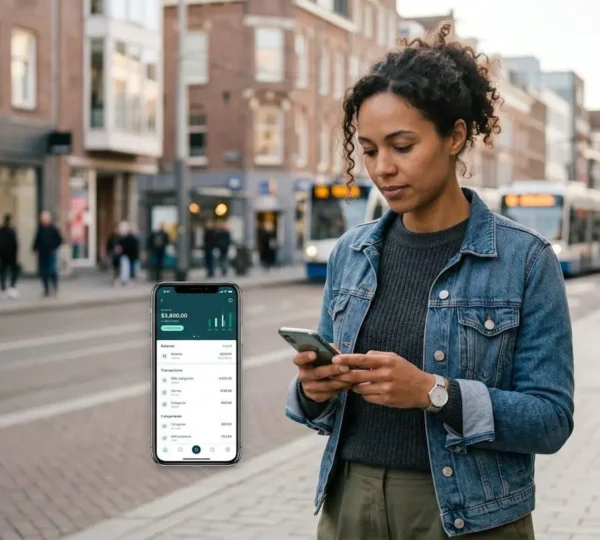 Personne consultant une application d'épargne sur smartphone dans un cadre urbain lumineux