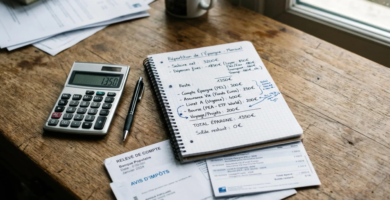 Calculatrice et carnet avec notes manuscrites de répartition budgétaire sur bureau en bois