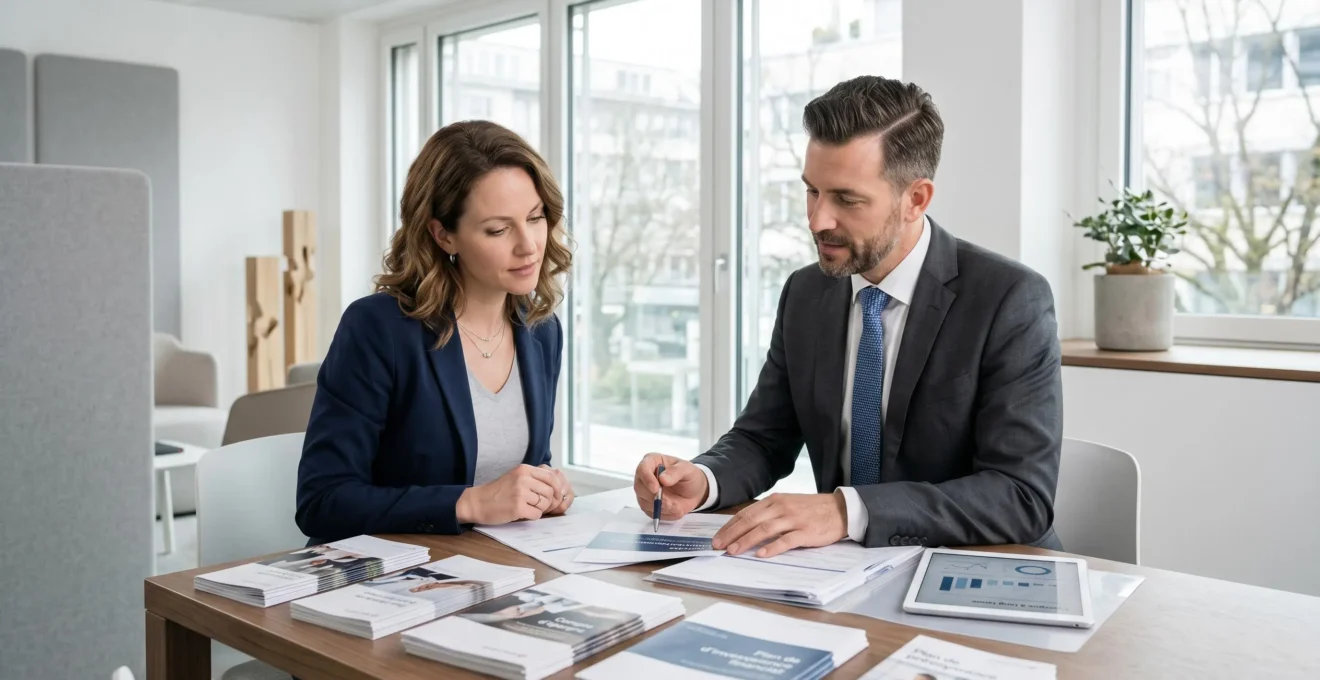 Conseillère bancaire présentant des brochures de produits d'épargne à une cliente dans un bureau moderne lumineux