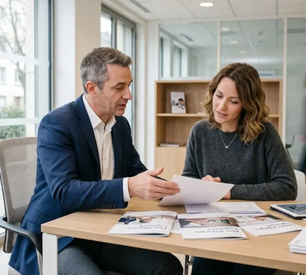 Conseillère bancaire présentant des brochures de produits d'épargne à une cliente dans un bureau moderne lumineux