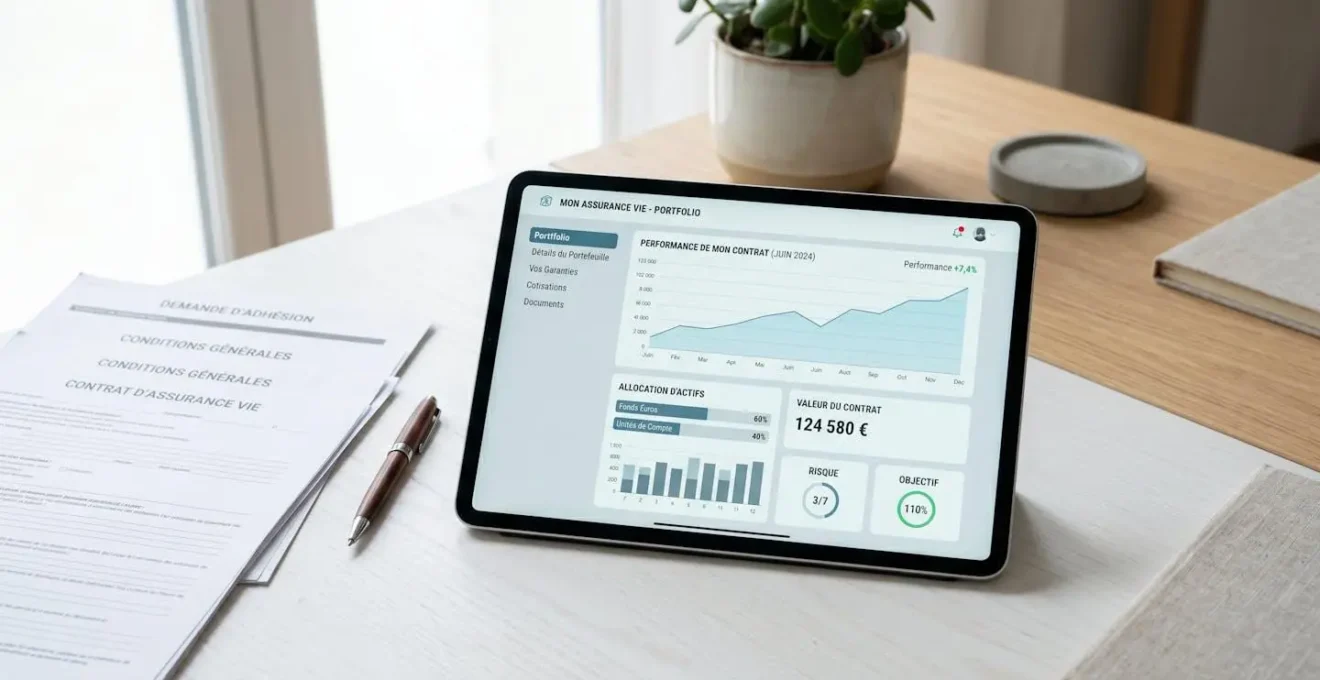 Tablette affichant l'interface d'une assurance vie avec graphiques de performance sur bureau épuré