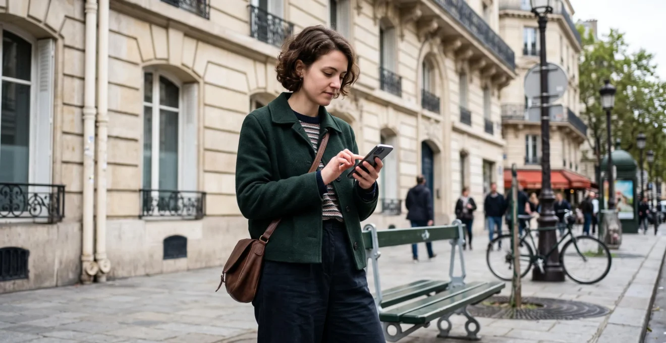 Personne consultant une application bancaire mobile sur smartphone dans un environnement urbain français, architecture en arrière-plan