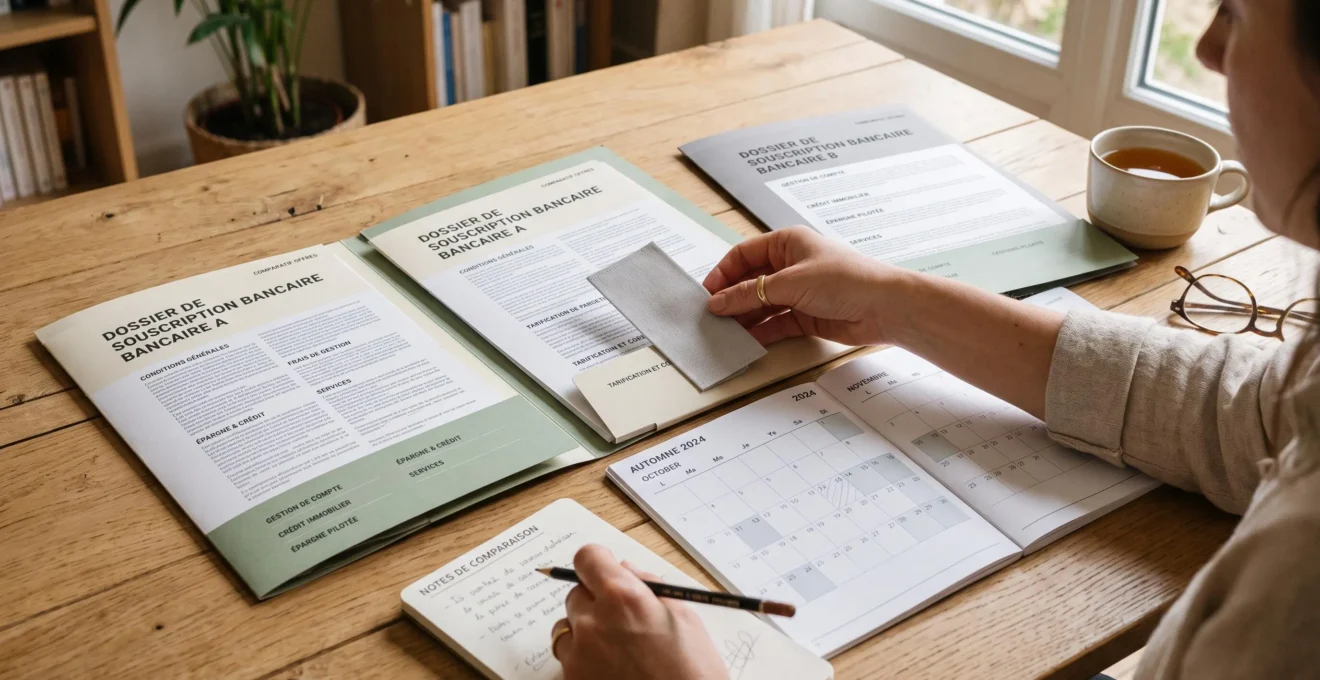 Dossiers d’offres de comptes bancaires anonymisés comparés sur une table avec calendrier et notes