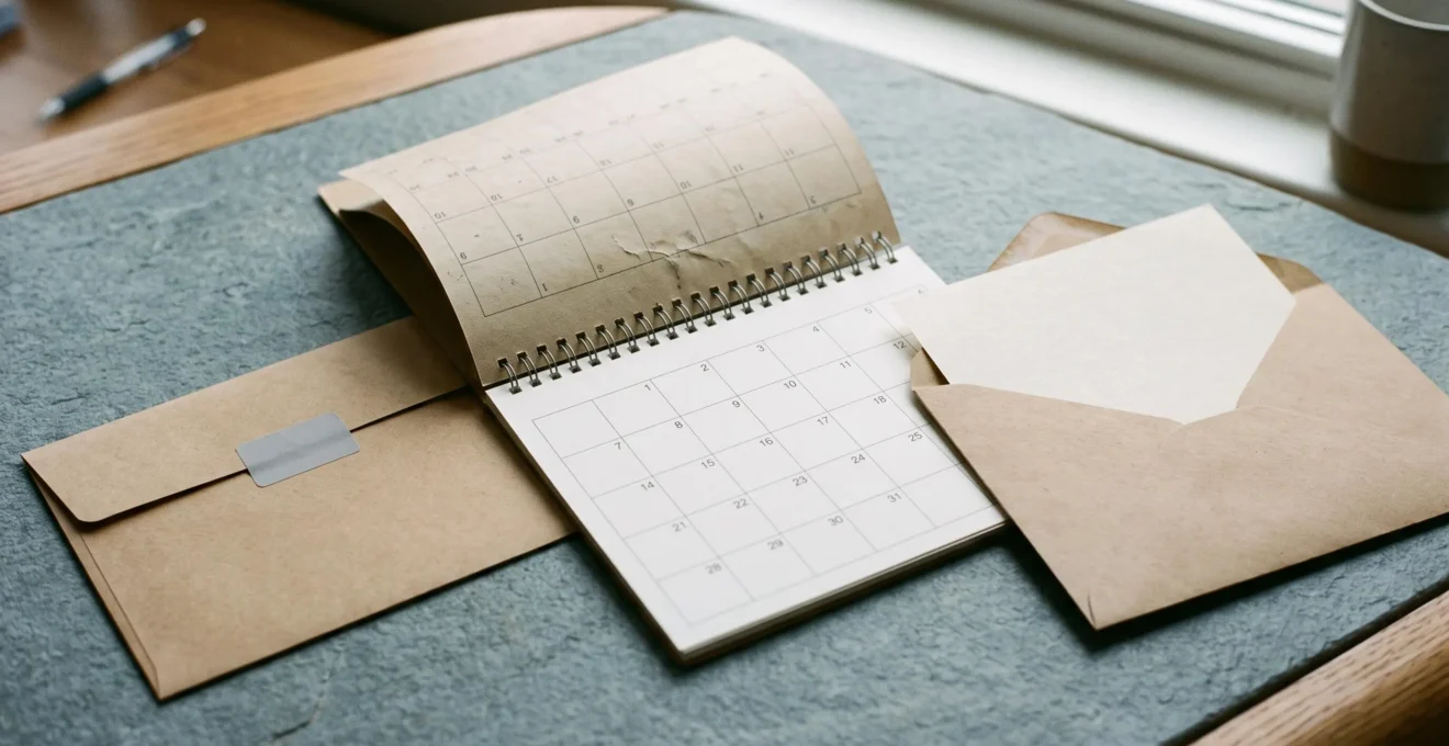 Calendrier de bureau et deux enveloppes d’offres anonymisées avec une date de fin symbolisée par un signet